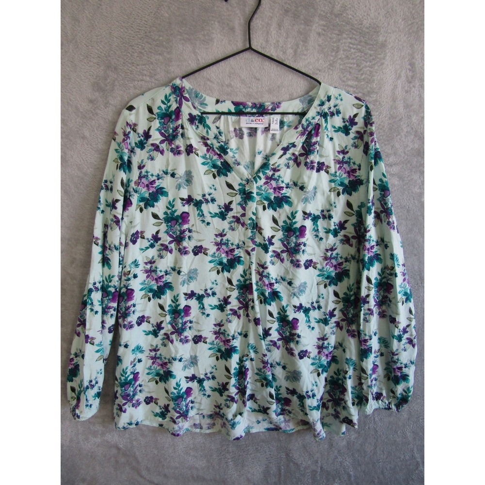 Denim Co Womens Plus Size 1X Floral Print V Neck Long Sleeve Blouse Top‎